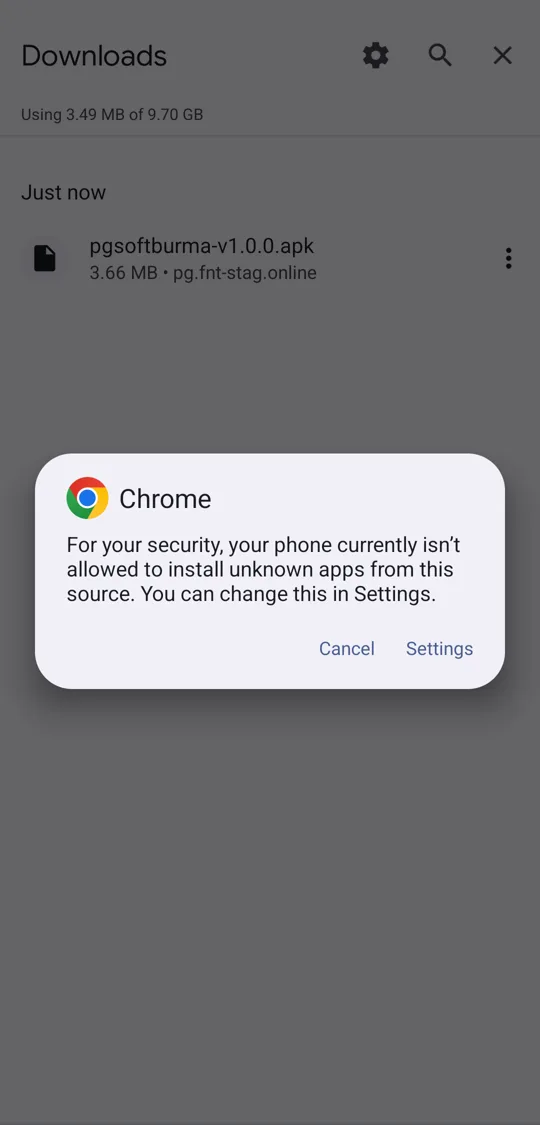 Chrome ကို အမည်မသိ app ထည့်ခွင့် မပေးရသေးသဖြင့် Android က တားထားပြီး Settings ခလုတ်ပြထားသည့် ပုံ