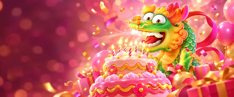 Fortune Dragon blowing out the candles on a birthday cake