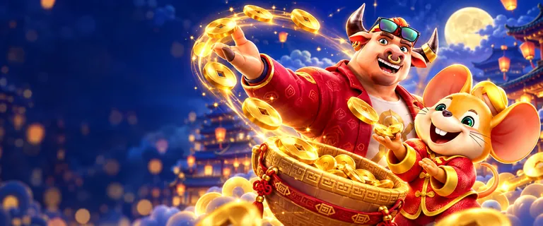Fortune Ox and Fortune Mouse catching coins that fly back into a basket