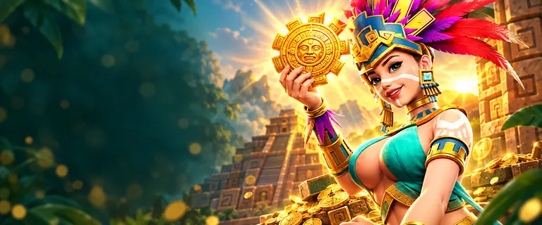 The Treasures of Aztec heroine raising a golden sun disc at dawn