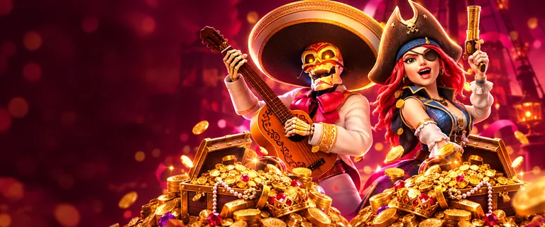 Wild Bandito and Queen of Bounty beside two matching piles of treasure