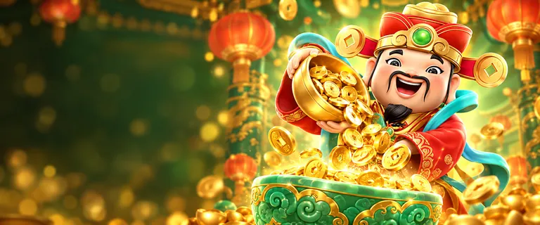 The Caishen Wins god of wealth pouring gold coins into a jade bowl